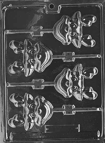 Clear lollipop mold of a cartoon-style reindeer head; rounded cheeks, tall antlers; approx. 3 × 2 3/4 × 5/8 in; C055