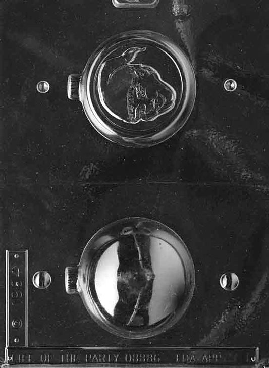 Clear ornament dome mold featuring a smiling elf face and cap; hemispherical 3 in round, about 3 1/4 in deep; C061