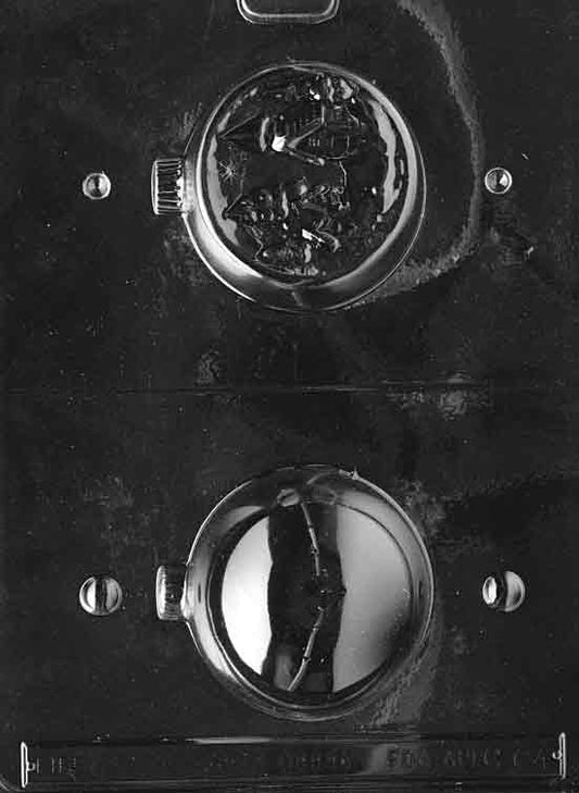 Clear ornament hemisphere showing a raised country scene motif; smooth dome, 3 in round × 3 1/4 deep; C064