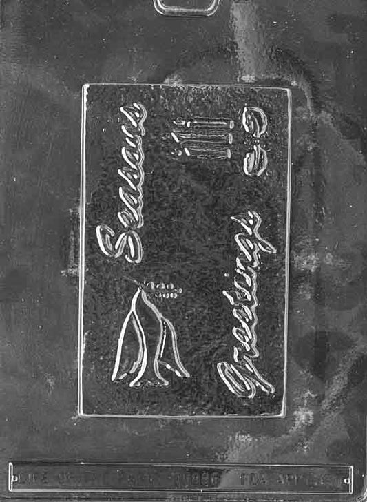 Rectangular chocolate plaque mold with raised “Seasons Greetings” text; approx. 6 1/4 × 4 × 3/8 in; C065