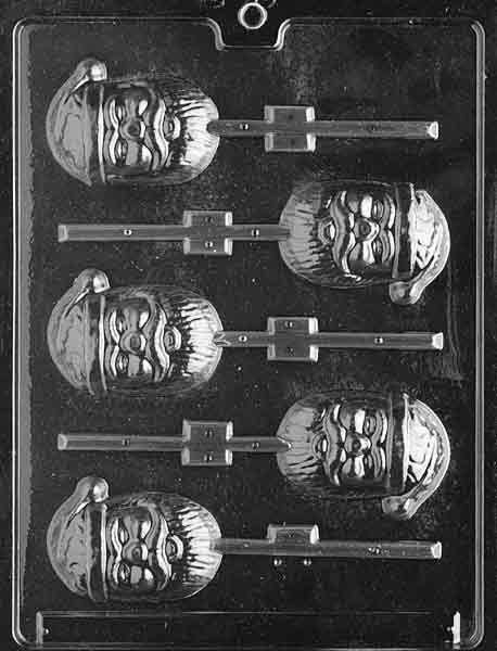 Clear lollipop mold of a Santa head with hat and beard details; approx. 2 1/2 × 2 × 1/2 in; C069