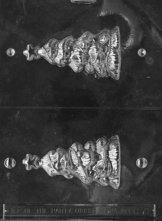 Clear two-part mold creating a medium 3D evergreen tree; ~4.5 × 2.375 × 2.25 in; C072