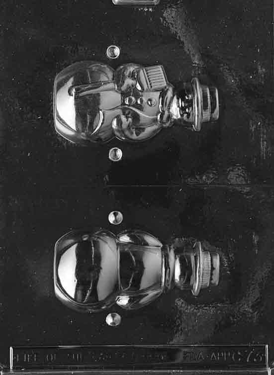 Two-part 3D snowman mold with scarf and buttons; approx. 4.25 × 2.25 × 2.125 in; C073