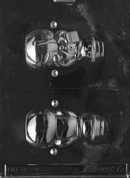 Two-part 3D snowman mold with scarf and buttons; approx. 4.25 × 2.25 × 2.125 in; C073