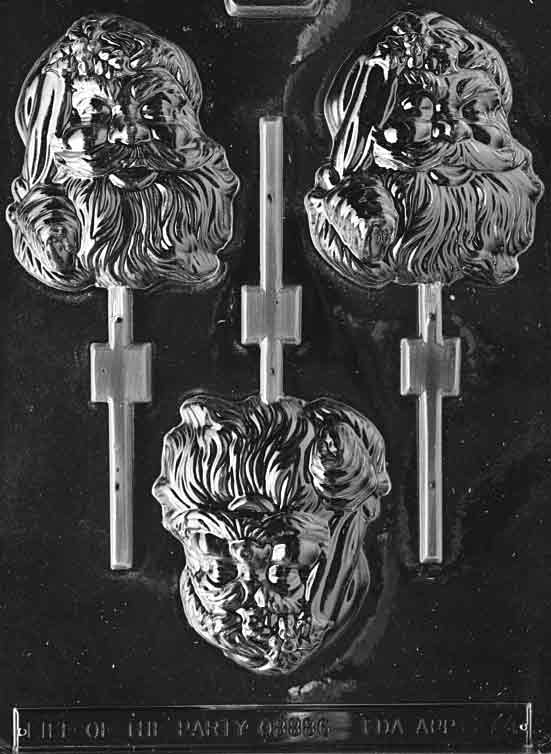 Clear lollipop mold of a large Santa head with hat and beard details; approx. 3.5 × 3 × 0.25 in deep; C074