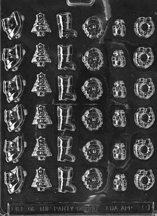 Image of CHRISTMAS DECOR'S mold with several tiny festive shapes like bells, wreaths, and ornaments in a rectangular layout