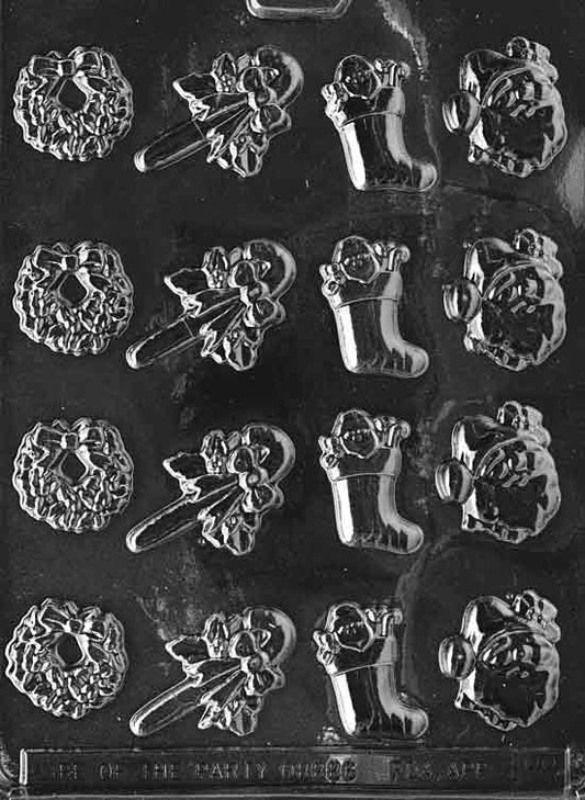 Image of Bite-Sized CHRISTMAS mold with assorted small cavities shaped like stockings, stars, and bells in a grid layout