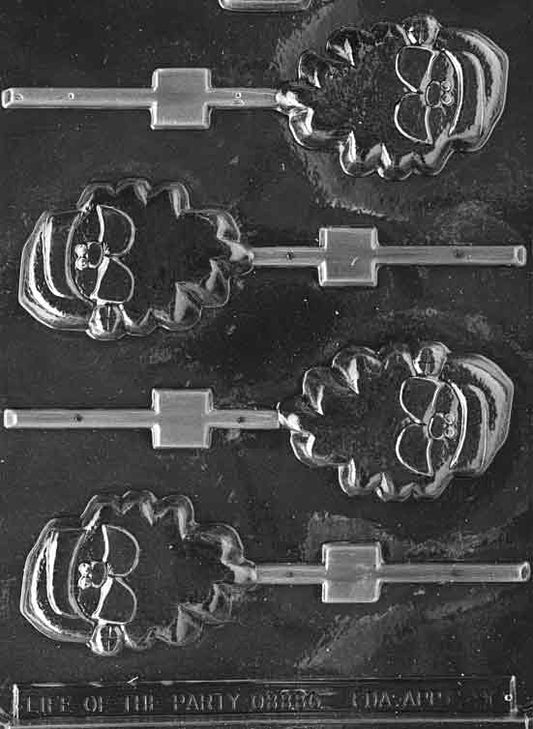 Image of SILLY SANTA Lollipop mold with a cartoon-style Santa face featuring oversized eyes, big smile, and a curved hat