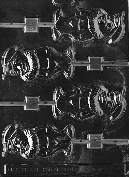 Image of ELF Lollipop mold with an elf character featuring wide smile, hat, and collar in vertical candy mold