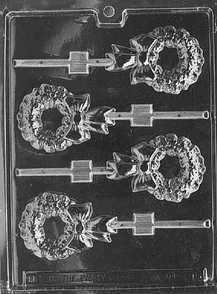 Image of WREATH Lollipop mold showing oval-shaped wreath with bow and leafy textures