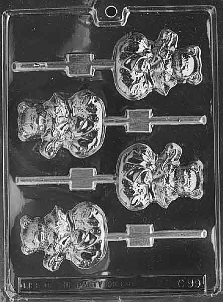 Image of BEAR IN SACK POP mold showing a teddy bear poking out of a large gift sack with ribbon details