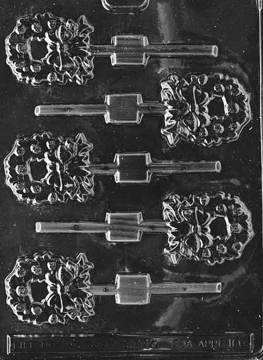Image of WREATH Lollipop mold showing compact wreath shape with raised ribbon and leafy details