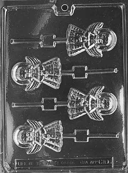 Image of ANGEL Lollipop mold showing a peaceful angel with layered gown and spread wings in vertical orientation