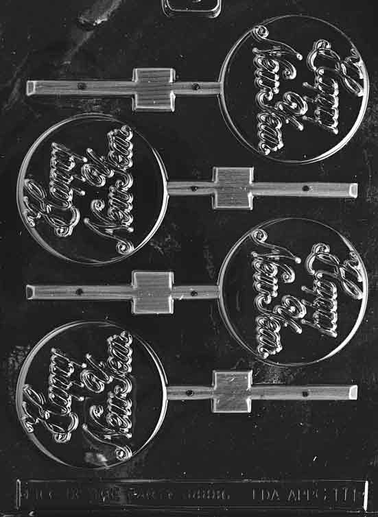 Image of HAPPY NEW YEAR Lollipop mold showing round chocolate pop with stylized “Happy New Year” text