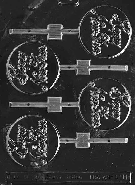 Image of HAPPY NEW YEAR Lollipop mold showing round chocolate pop with stylized “Happy New Year” text