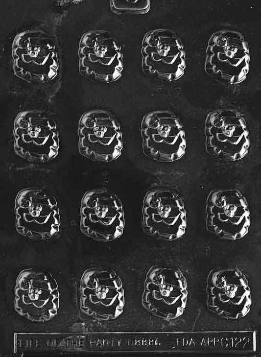 Image of FILLED SANTA HEADS mold with rows of small Santa faces showing hat, beard, and rounded features
