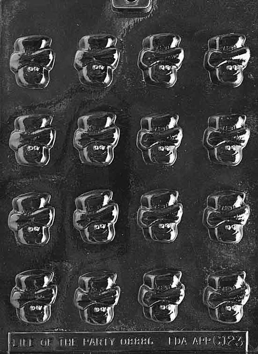 Image of Bite-Sized SNOWMAN HEADS mold featuring multiple small round snowman faces in grid format with scarves and hats