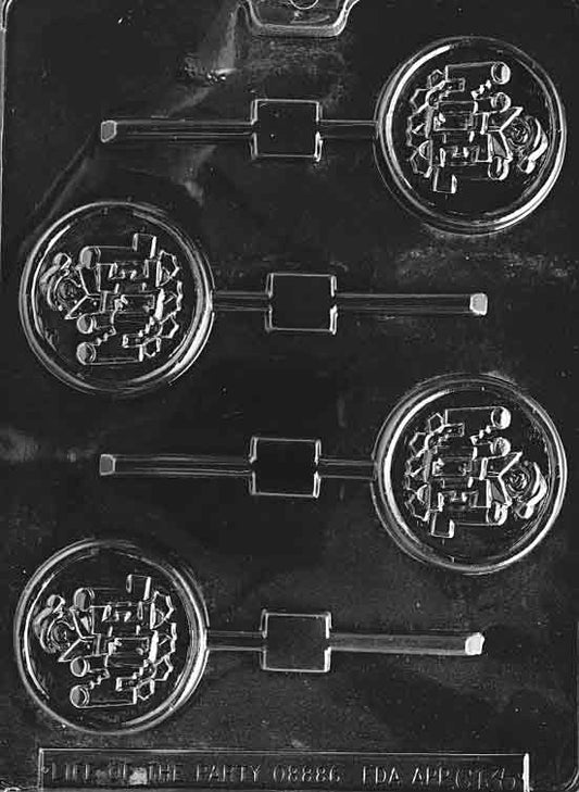 Image of NOEL Lollipop mold with circular shape and large raised block letters spelling NOEL