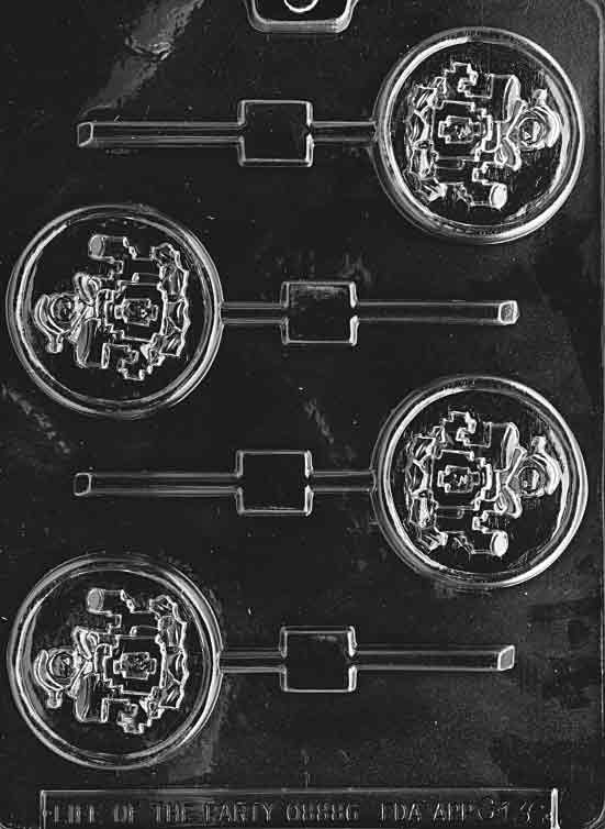 Image of JOY POP mold showing round chocolate pop shape with large JOY letters raised in center