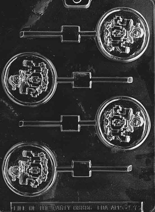 Image of JOY POP mold showing round chocolate pop shape with large JOY letters raised in center