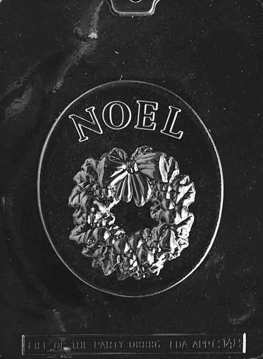 Image of NOEL WITH WREATH mold featuring large round wreath with bold NOEL lettering in center