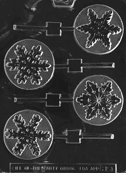 Image of ASSORTED SNOWFLAKES Lollipop mold showing circular shape with raised flake patterns of various styles