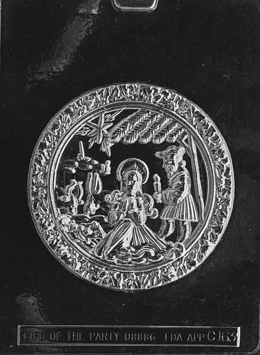 Image of NATIVITY PLAQUE mold showing circular design with detailed holy family scene inside stable