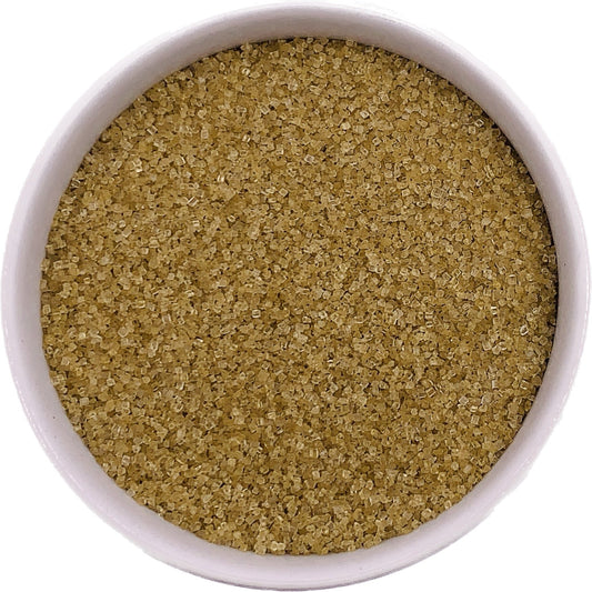 Gold fine sanding sugar in a clear package, warm metallic crystals perfect for weddings and holiday treats.