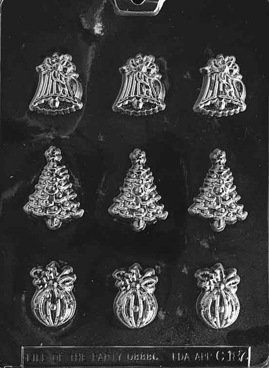 Image of Bite-Sized ORNAMENTS mold with small bell and tree shapes in holiday style