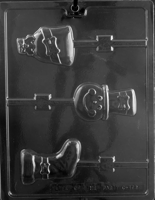 Three festive Lollipop molds: snowman, sack, stocking