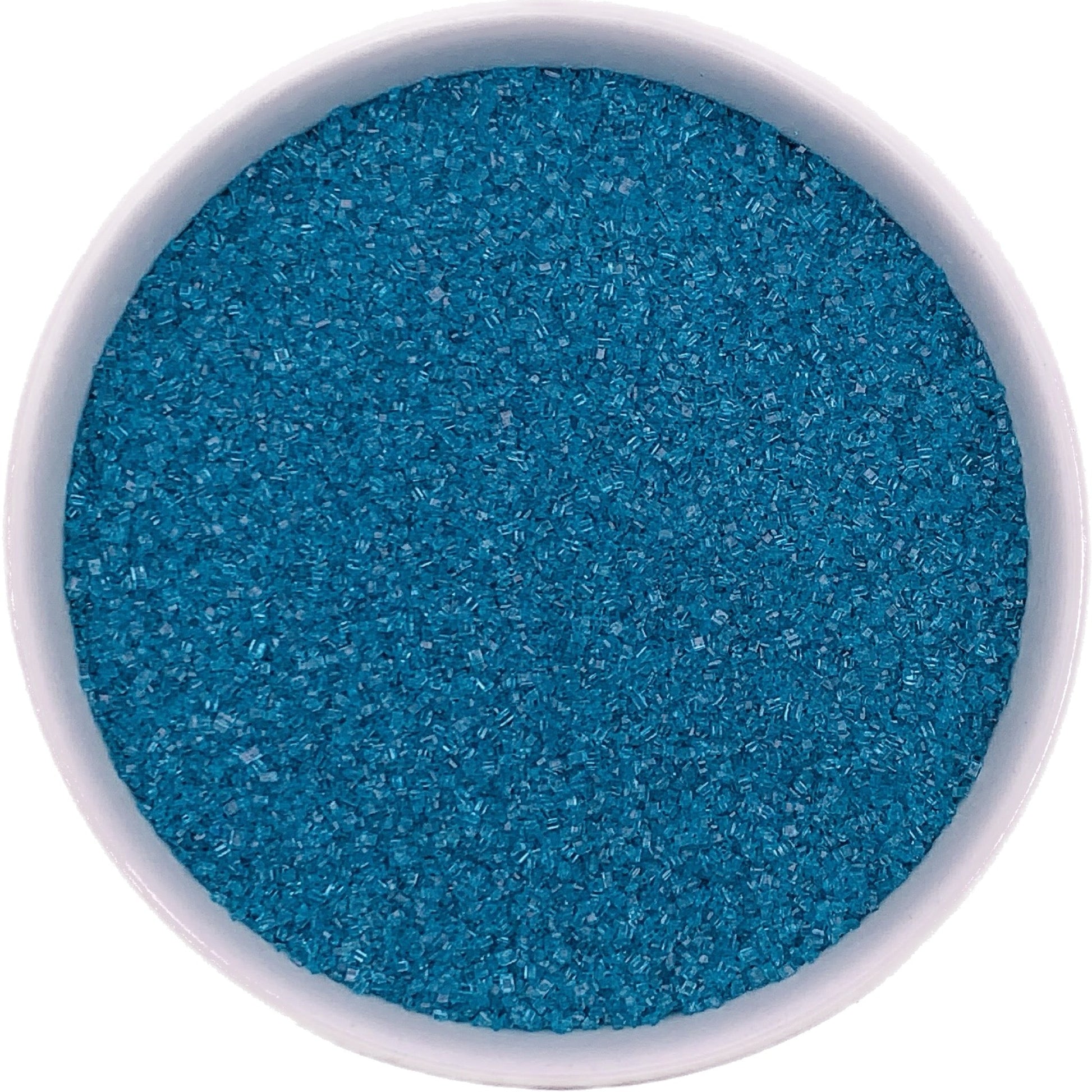 Teal sanding sugar in a clear jar, bright aqua-colored crystals with smooth sparkle, perfect for ocean-themed desserts.