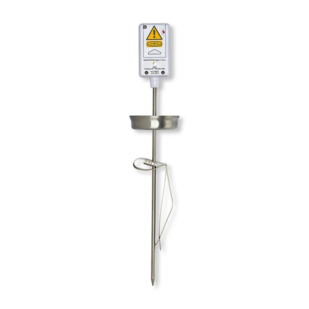 Back of the CDN DTC450 Digital Candy Thermometer showing the battery compartment, heat shield, stainless steel stem, and adjustable clip