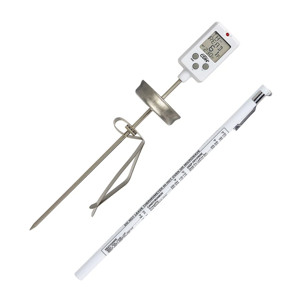 CDN DTC450 Digital Candy Thermometer with LCD display, stainless steel stem, heat shield, adjustable pan clip, and protective sheath