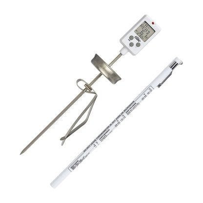 CDN DTC450 Digital Candy Thermometer with LCD display, stainless steel stem, heat shield, adjustable pan clip, and protective sheath