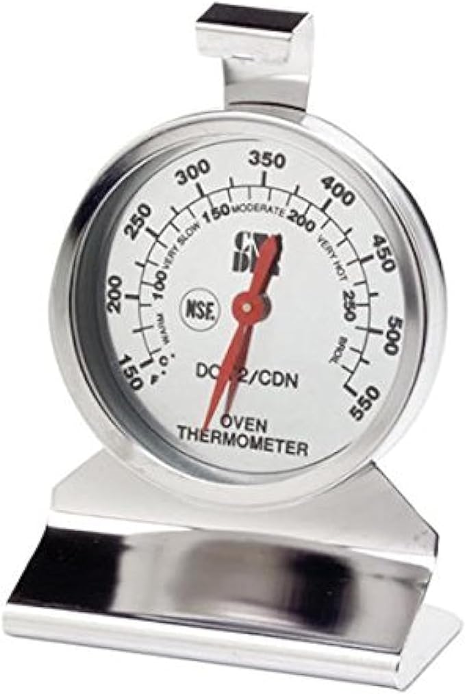 CDN oven thermometer with a stainless steel base, displaying temperature ranges from 150°F to 550°F.