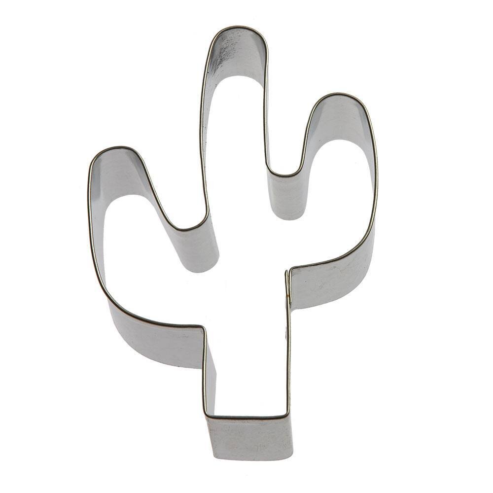 Cactus-shaped cookie cutter made from sturdy tin, measuring 4.25 inches tall with a depth of 7/8 inch, in a classic silver finish.