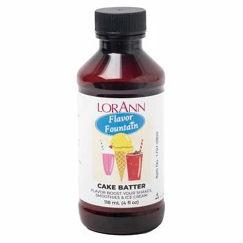 LorAnn Flavor Fountain Cake Batter flavoring in a 4 oz bottle for shakes, smoothies, and ice cream.