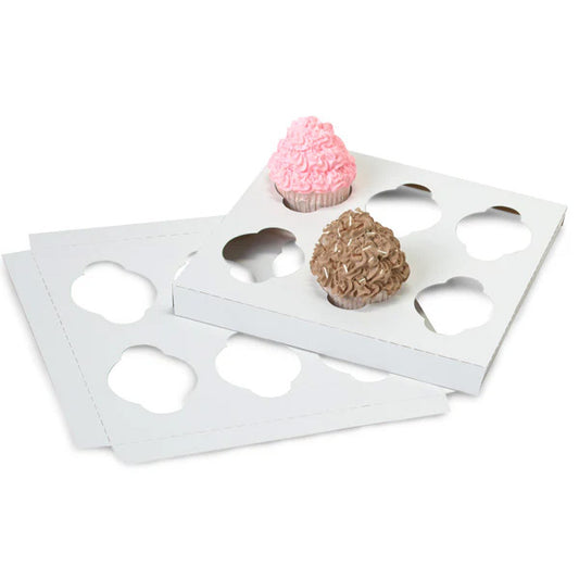 White cupcake box insert with six cutout cupcake holes, shown with two frosted cupcakes on top against a white background.