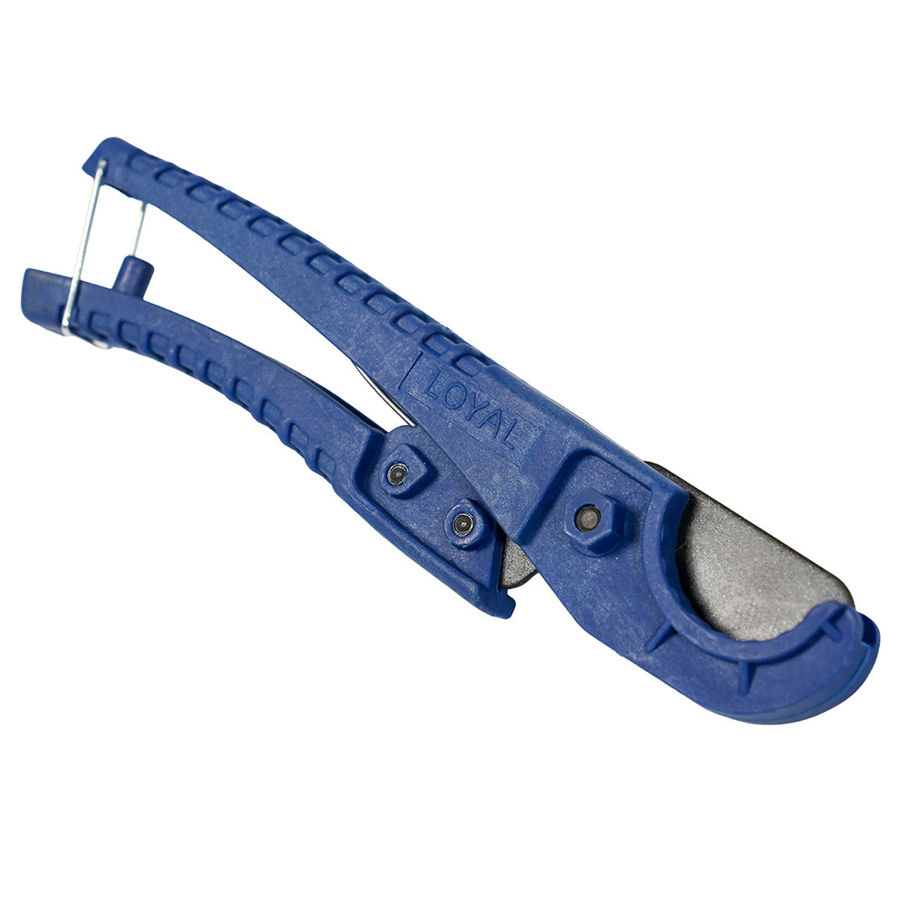 Cake Dowel Cutter in blue, closed position with safety latch engaged.