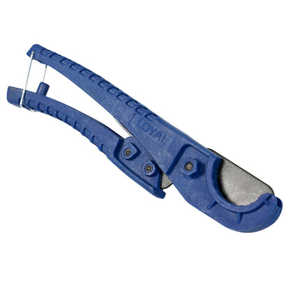 Cake Dowel Cutter in blue, closed position with safety latch engaged.