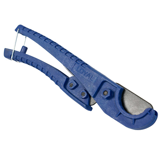 Cake Dowel Cutter in blue, closed position with safety latch engaged.