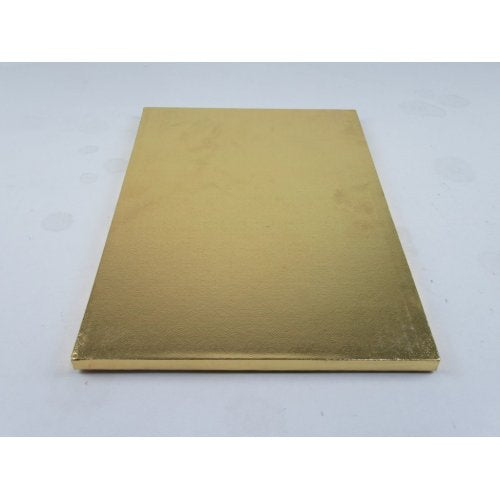 Gold full sheet cake drum measuring 26×18.5 inches, with 1/2-inch thick B/C-Flute and embossed foil wrap on top and sides