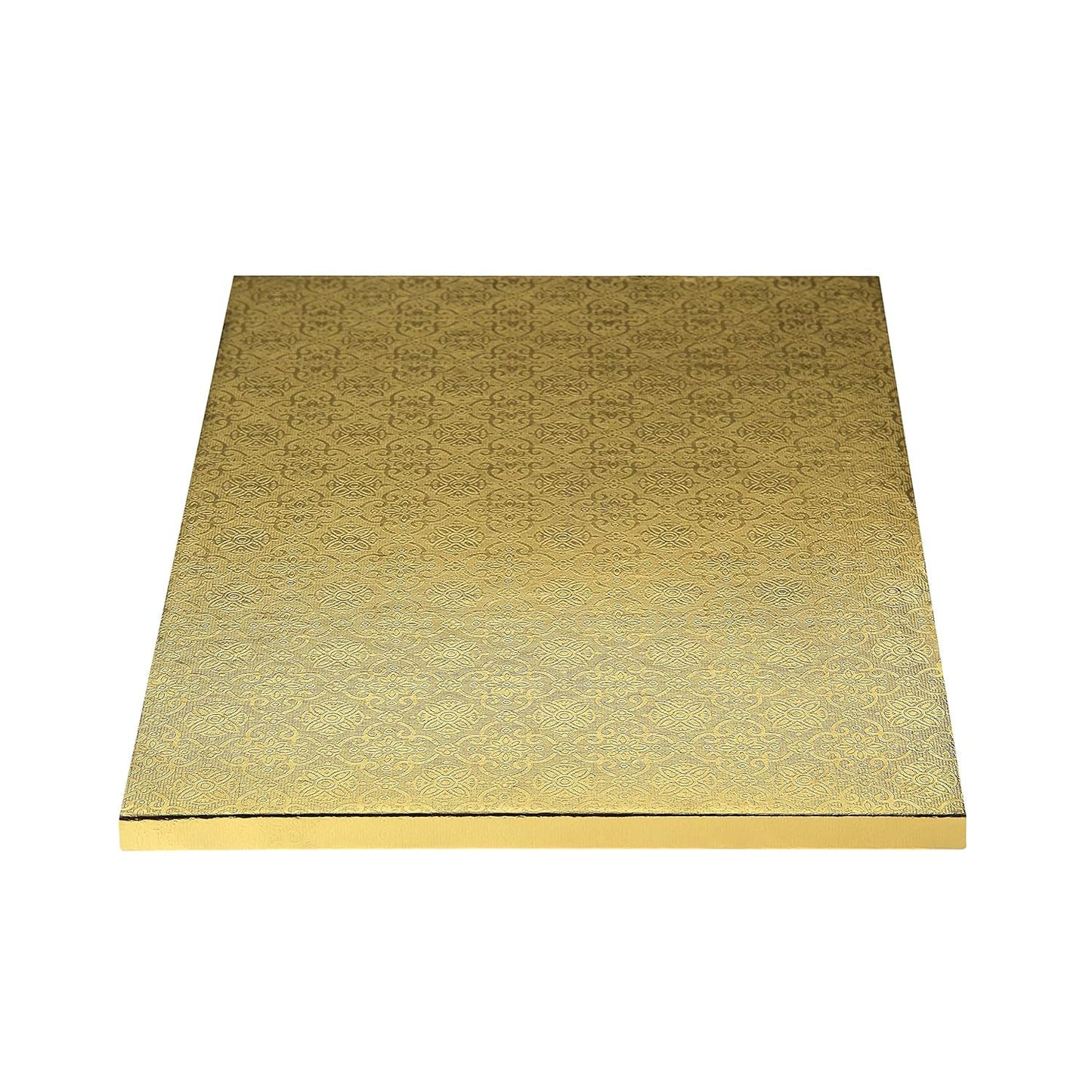 Gold half sheet cake drum board with an embossed decorative pattern and foil-wrapped edges, photographed flat on a white background.
