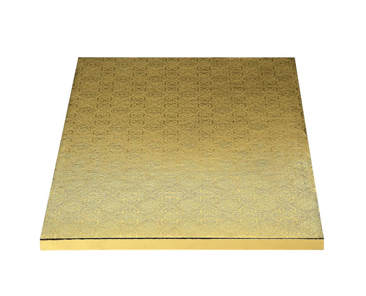 Gold rectangular 1/2 sheet cake drum with embossed foil surface and 1/2 inch thick sides, designed for professional cake display.