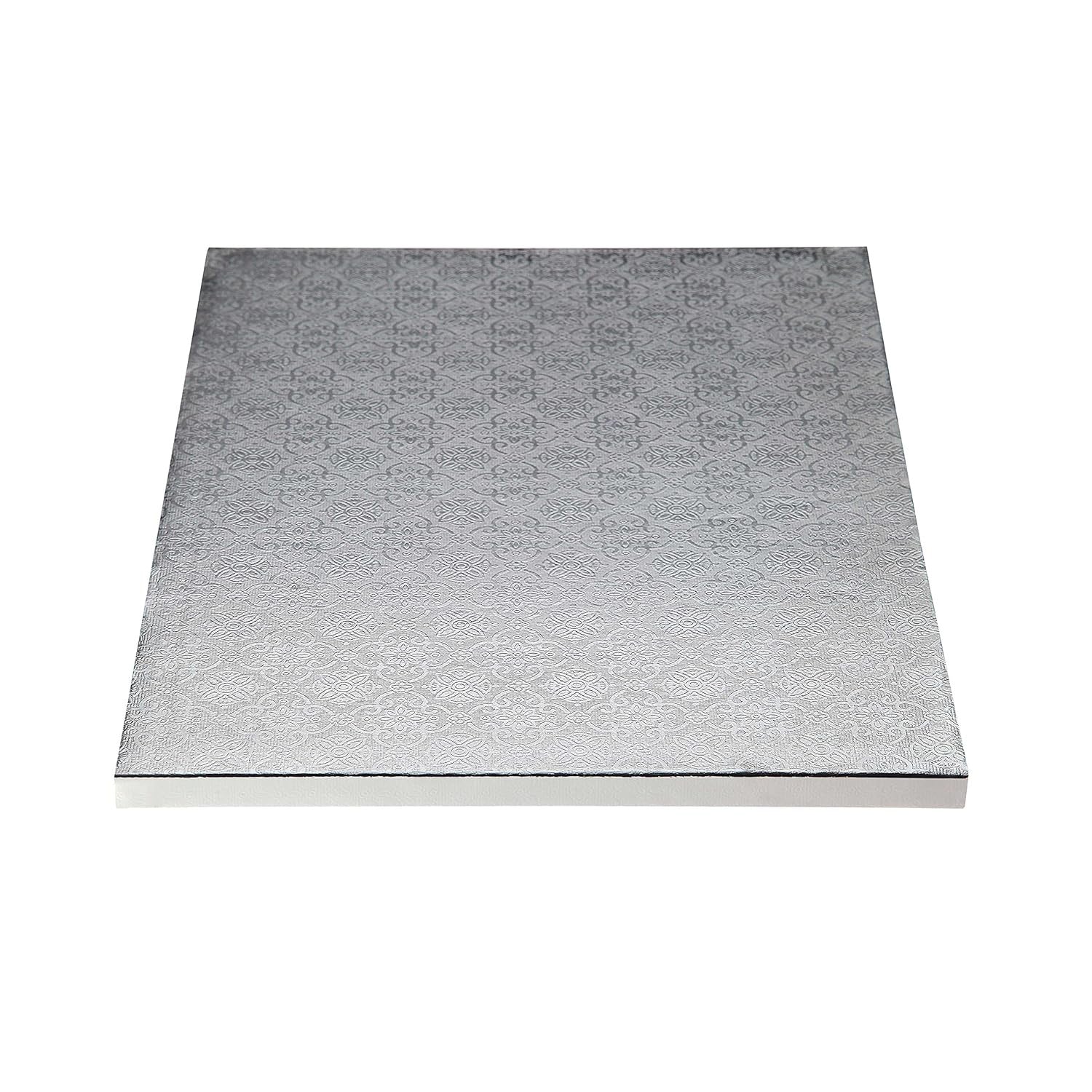 Silver half sheet cake drum board with an embossed decorative pattern and foil-wrapped edges, photographed flat on a white background.