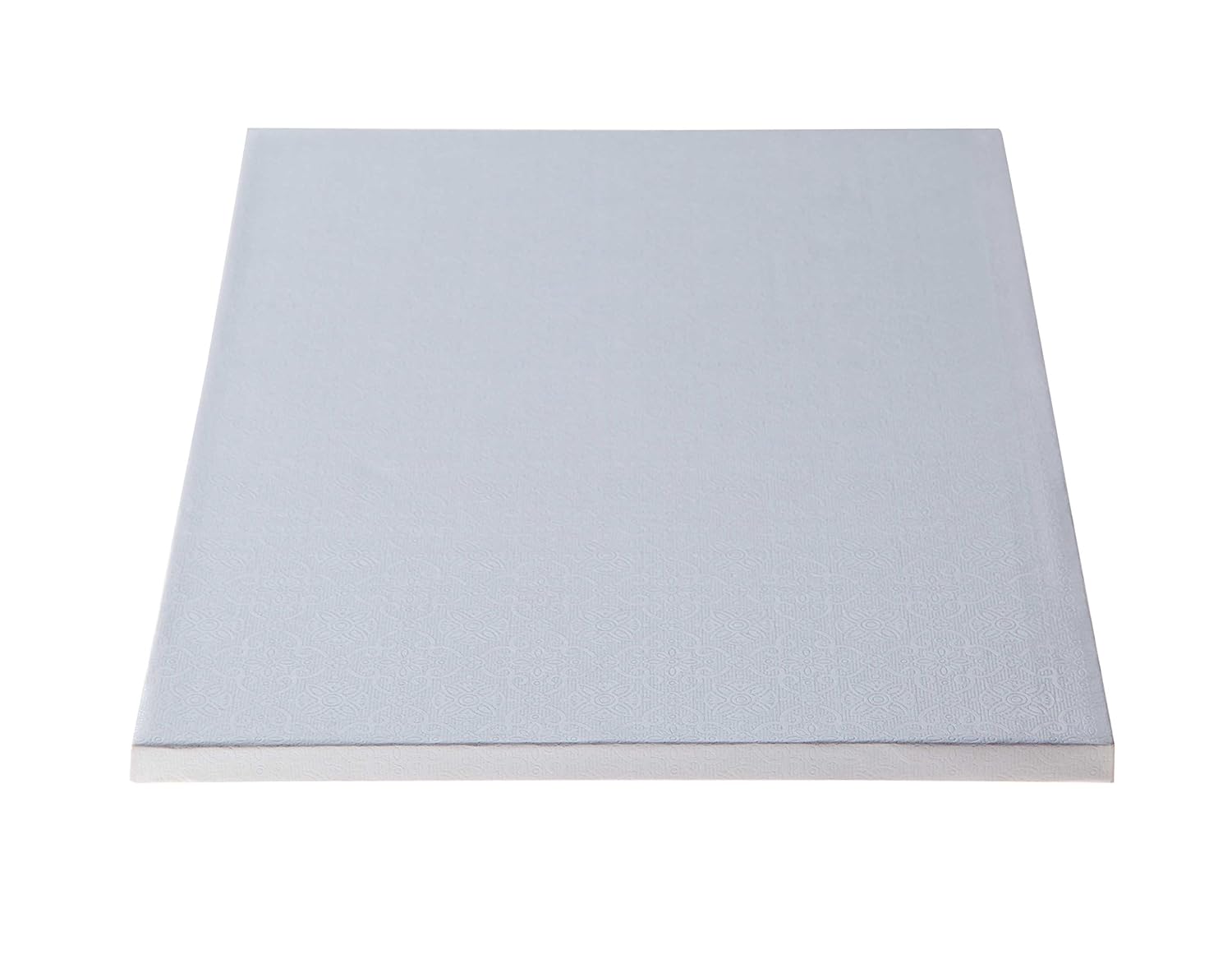 White rectangular 1/2 sheet cake drum with embossed foil surface and 1/2 inch thick sides, ideal for professional cake and dessert presentations.