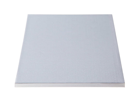 White rectangular 1/2 sheet cake drum with embossed foil surface and 1/2 inch thick sides, ideal for professional cake and dessert presentations.