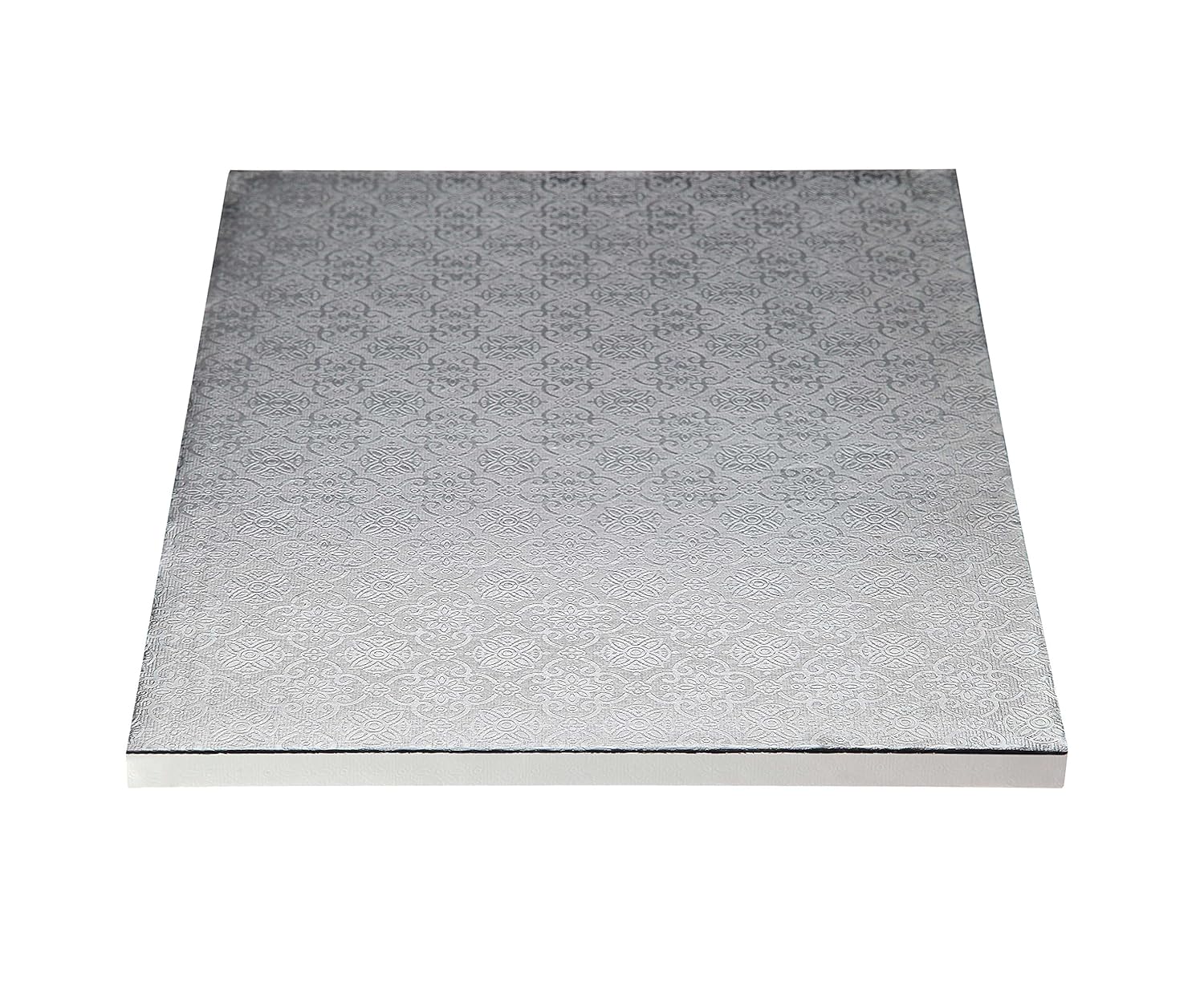 Silver square cake drum with 1/2 inch thickness and embossed foil finish, designed for elegant cake display and bakery presentations.