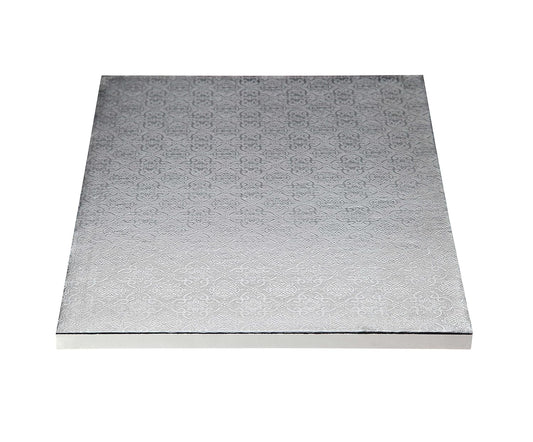 Silver square cake drum with 1/2 inch thickness and embossed foil finish, designed for elegant cake display and bakery presentations.
