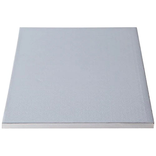 White square cake drum board with a subtle embossed texture and wrapped edges, photographed on a white background.